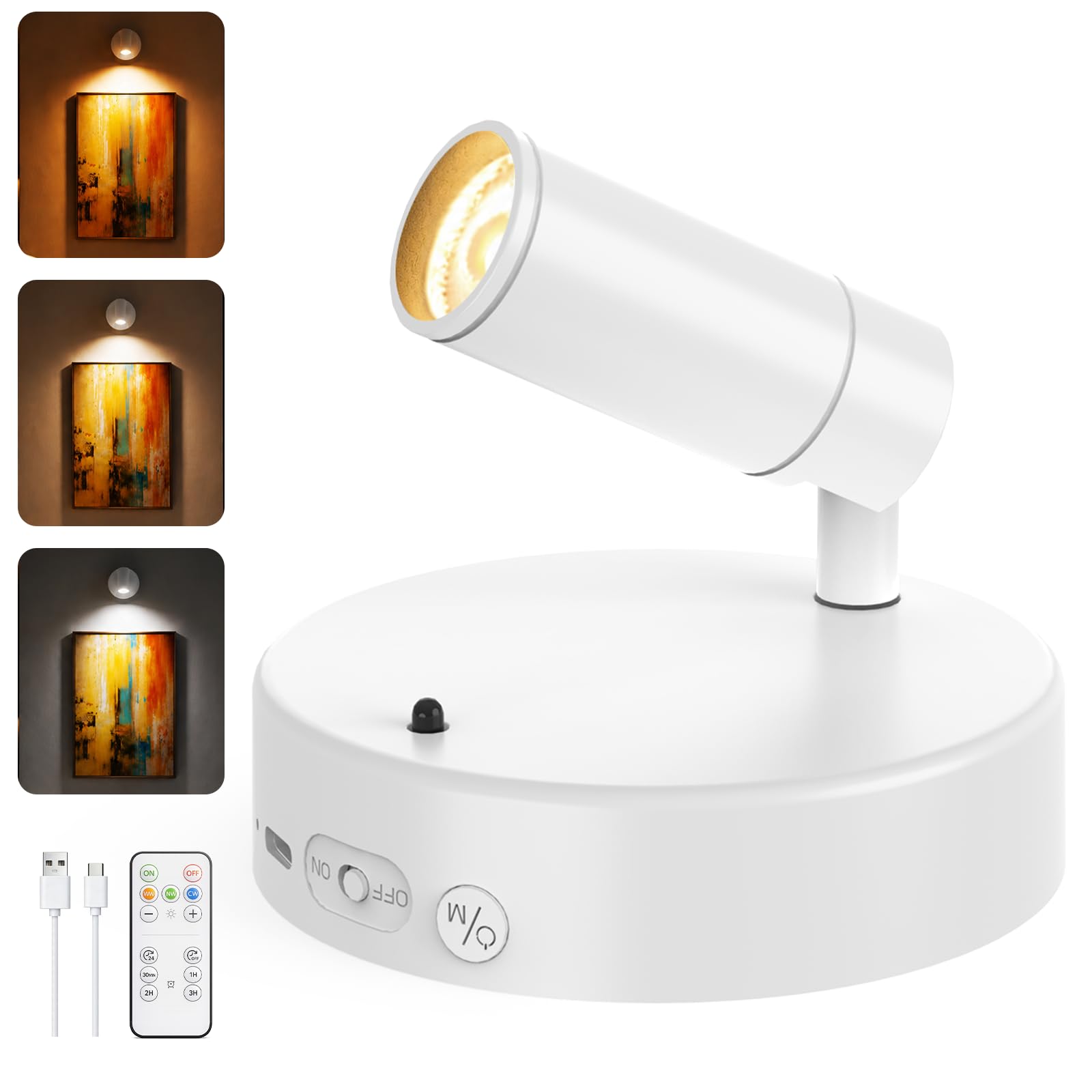 Rechargeable Wall Spotlight Indoor,24H Cycle Timer | 150LM | 10CM, 5500mAh Dimmable Picture Lights for Wall,3CCT Painting Art Light with Remote,Uplighting Stick on Wall for Plant Artwork Display Tree