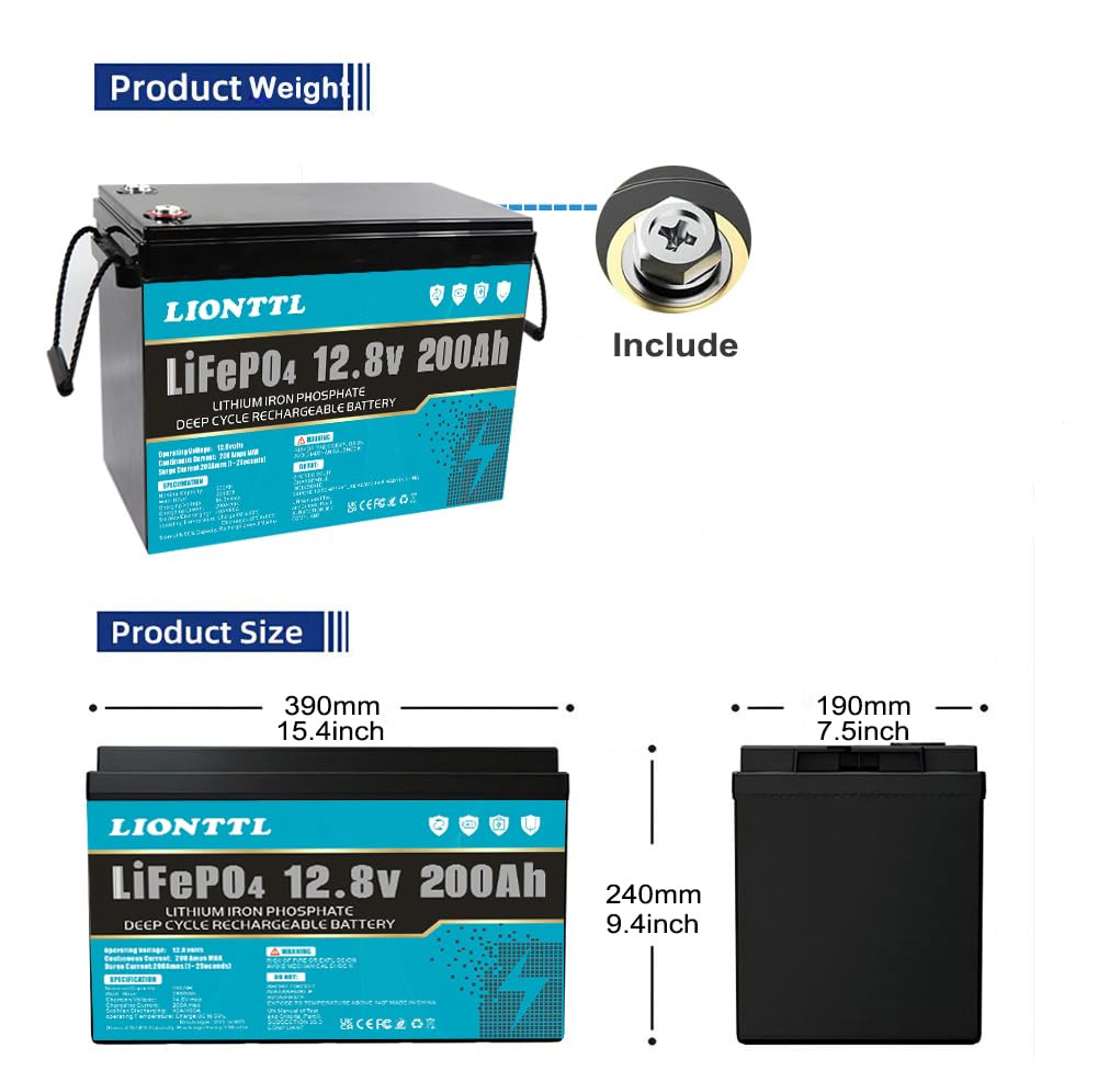 Batterie a lunga durata,Lifepo4 Batteria 12.8V 200AH batteria al litio ferro fosfato da 5000 cicli profondi,