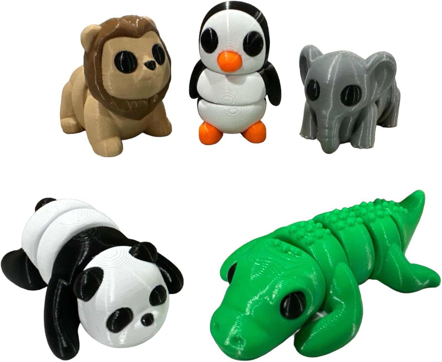 Mini 3D Printed Animals Collection - Unique Articulated Fidget 3D Printed Toys - Home Office Executive Desk Decor - Lion Penguin Elephant Panda Crocodile (5 Pk, Zoo)