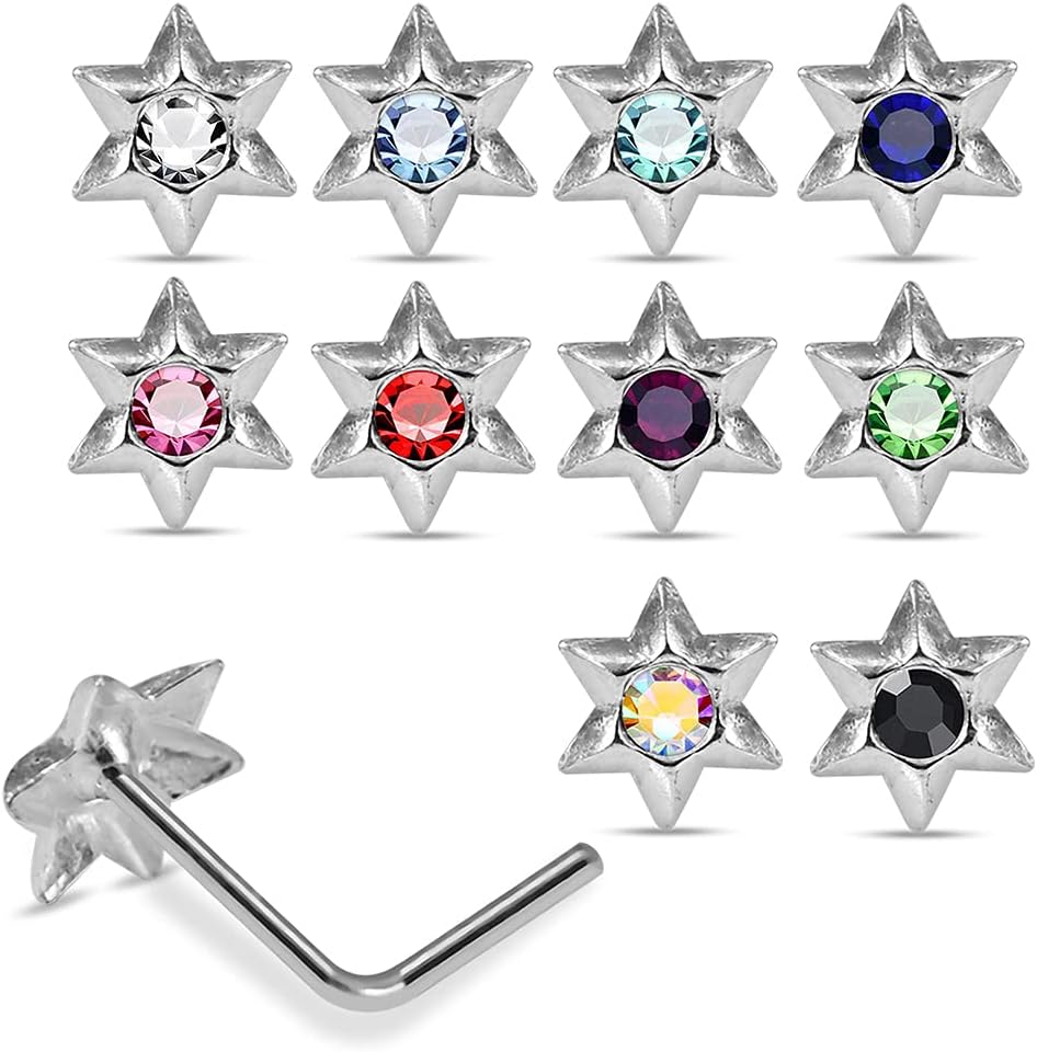 20 Pieces Box Set Hexagon Star with Crystal Stone Design 22 Gauge 925 Sterling Silver Nose Pin - Nose Stud - Tiny Nose Ring - Nose Piercing Body Jewelry