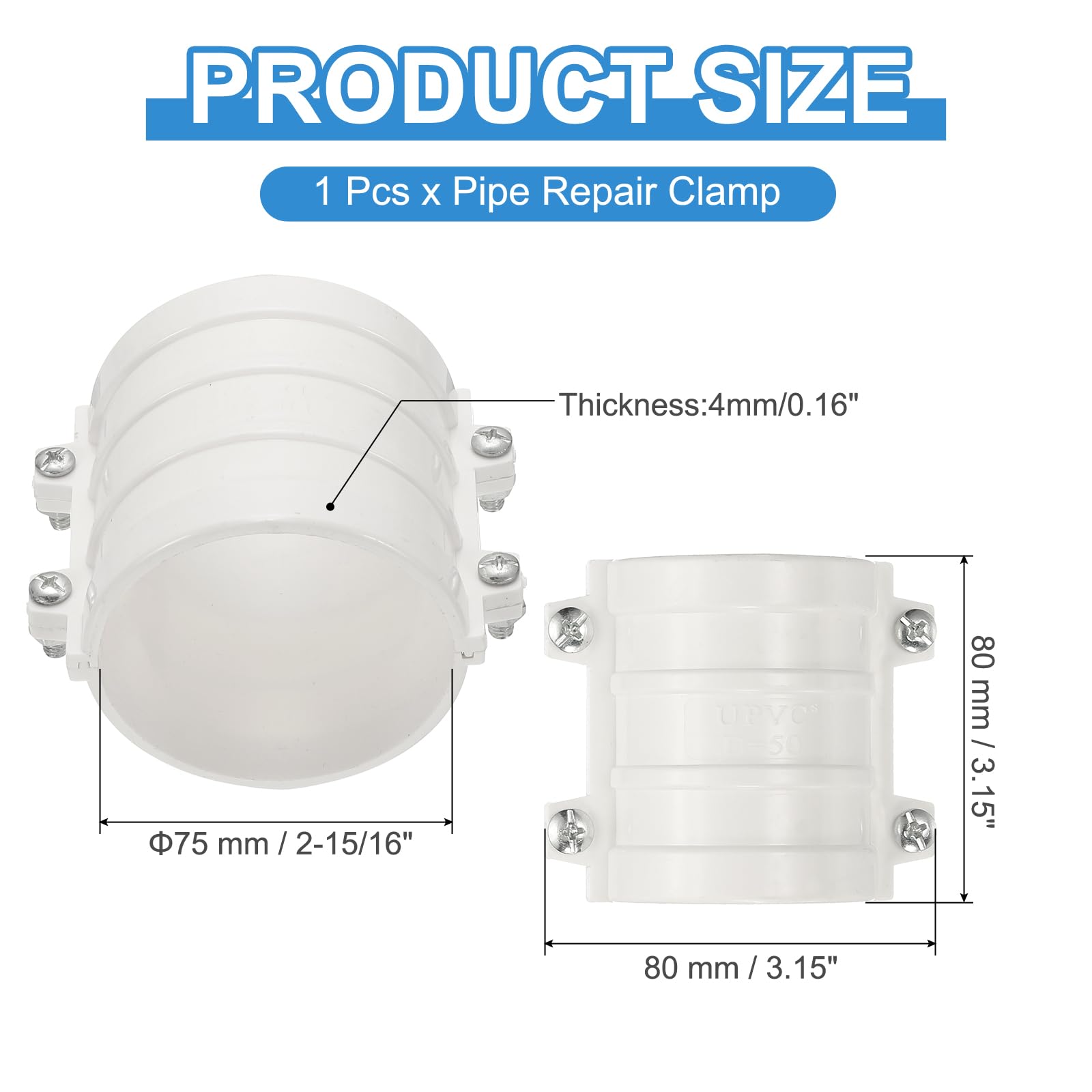 PATIKIL 2-15/16" Water Pipe Repair Clamp PVC Leak Sealer for OD 75mm PE/PPR/Pipes and Plumbing (Length 3.1 Inch), White - Image 2