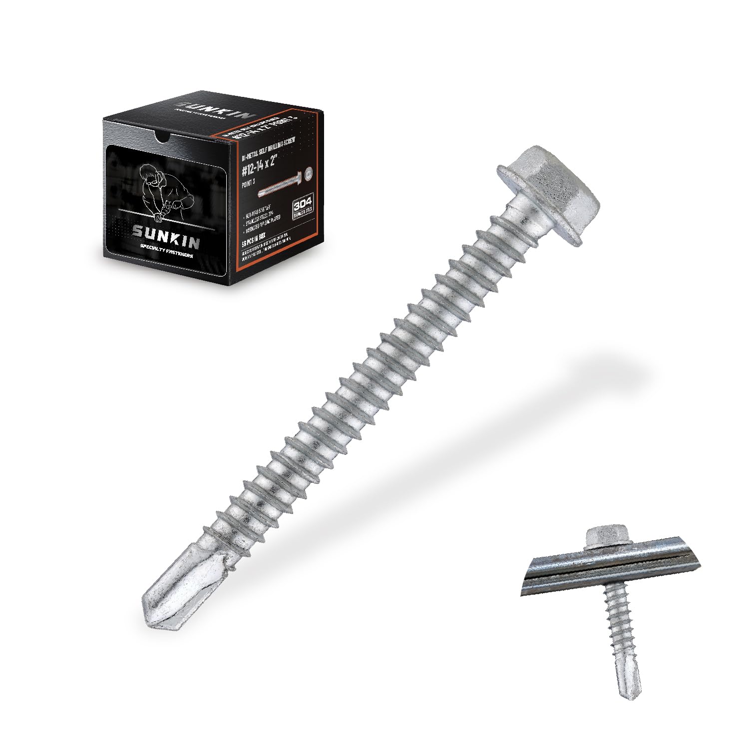 SUNKIN 56PCS Self Tapping Screws for Metal, Bi-Metal Stainless Steel 304 Rustproof, #12 x 2 Hex Head, Hardened Self Drilling Tip for Steel, Extreme Long Service Life