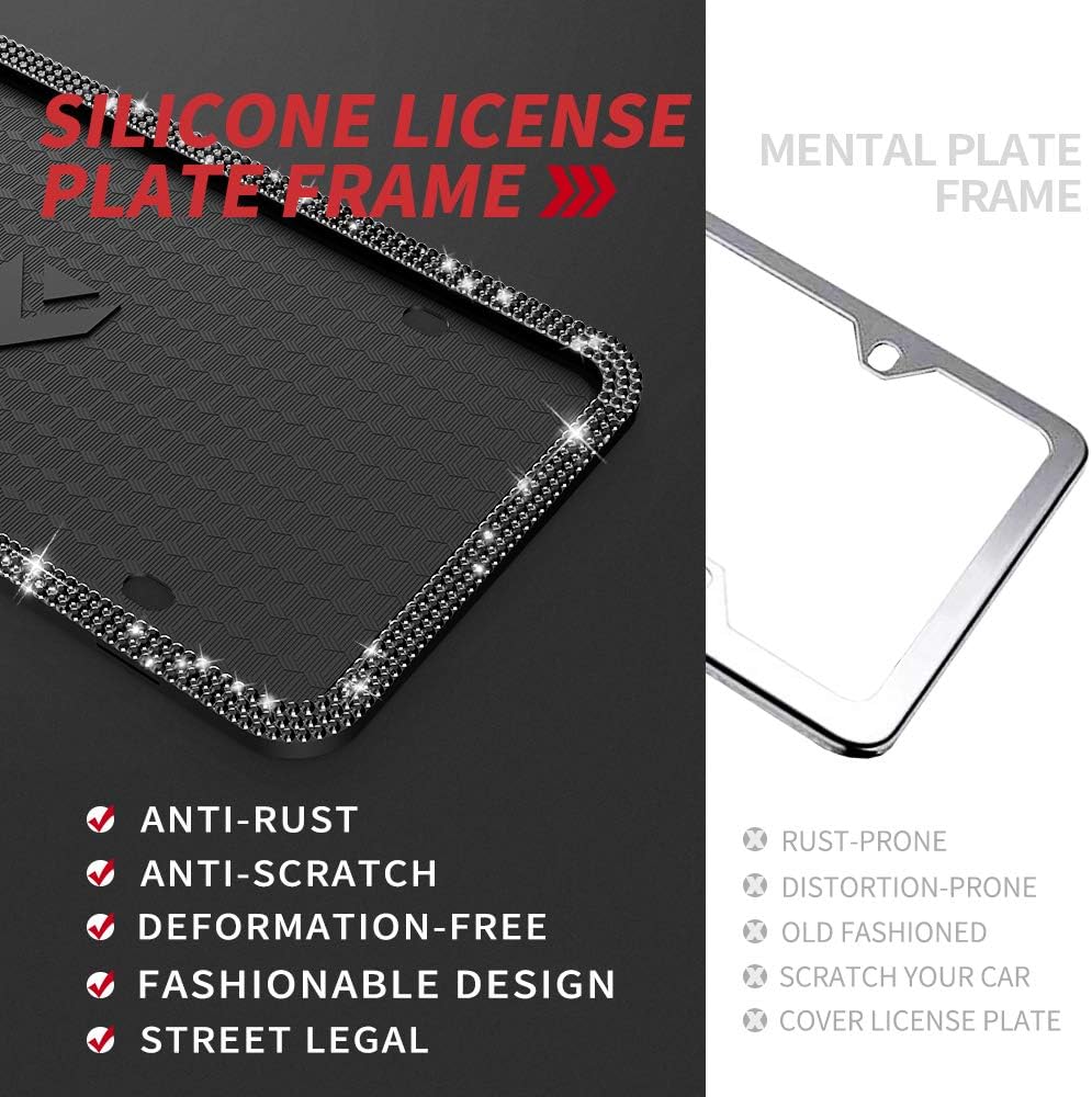Aujen Bling License Plate Frames Black, 2-Pack Rhinestones License Plate Cover Fits US Standard Cars, Easy Installation License Plate Holder for Rust-Proof, Rattle-Proof & Weather-Proof Use