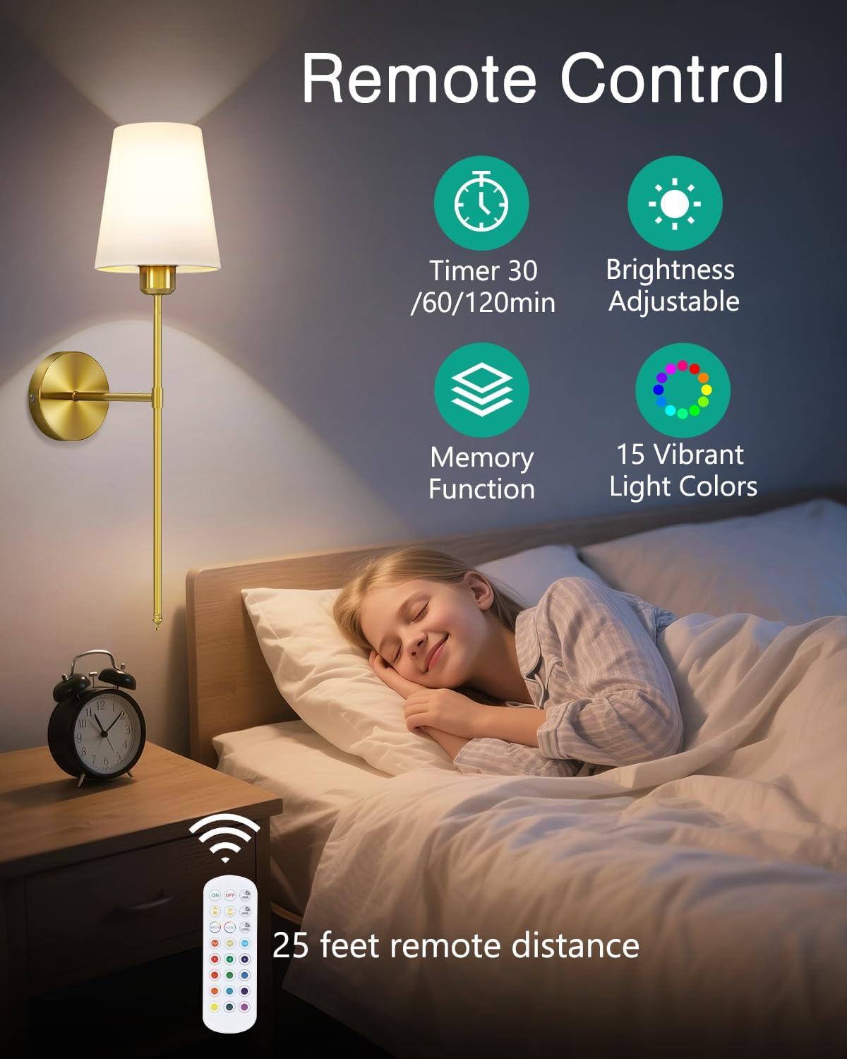 ORIA Wall Sconces Set of Two, Rechargeable Wall Lights with Remote Control, 3000K-6000K, 5 Level Brightness, Detachable Bulbs with 15 RGB Colors, 30/60/120-Min Timer, for Bedroom, Living Room, Hallway