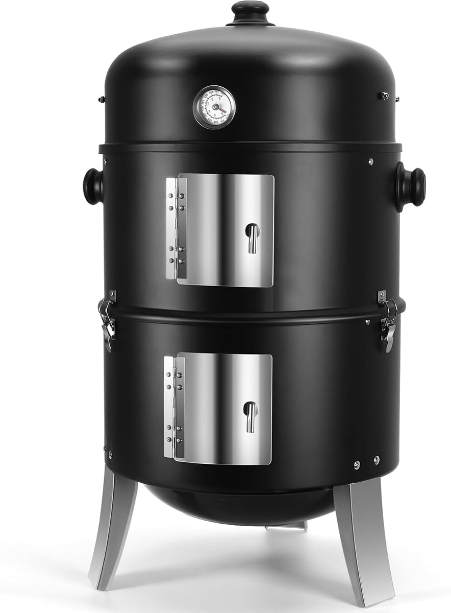 Ahumador de carbón para barbacoa para carne: Parrillas de carbón para barbacoa 4 en 1 de alta resistencia de 16 pulgadas | Barbacoa vertical para fumadores, combo de parrilla para cocinar al aire libre, patio, patio, picnic, fiesta, parrilla