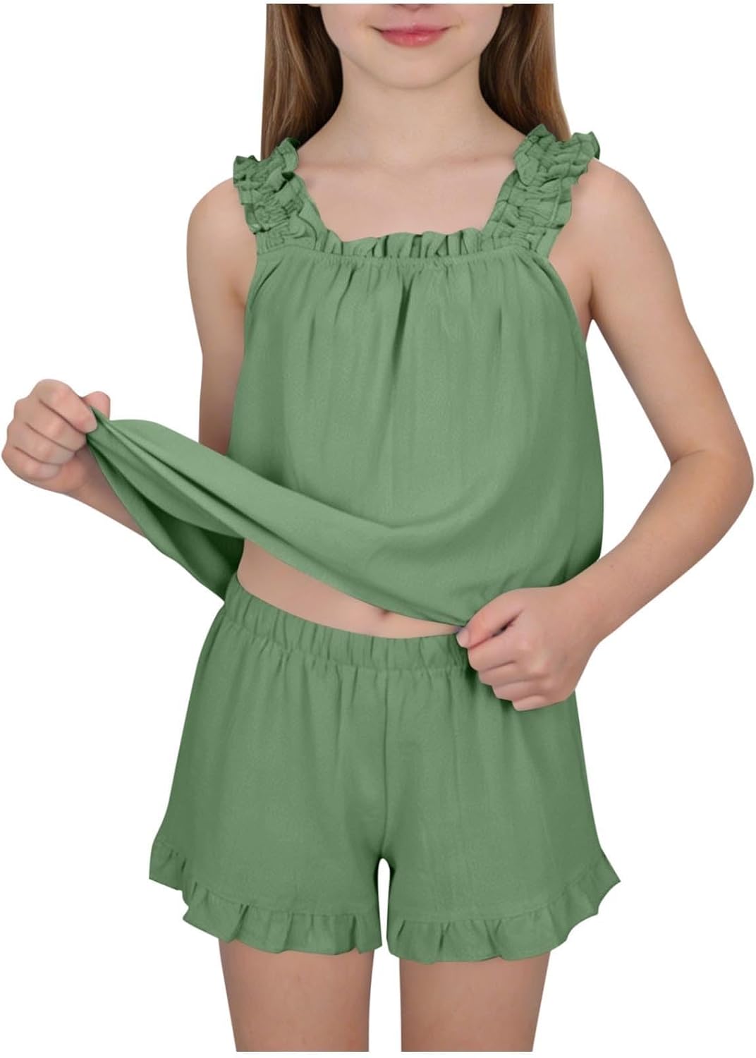 Girls Ruffle Shorts Set Y2K Casual Square Neck Sleeveless Tank Top Shorts Cute Loose Fit 2 Piece Linen Outfits Trendy Clothes