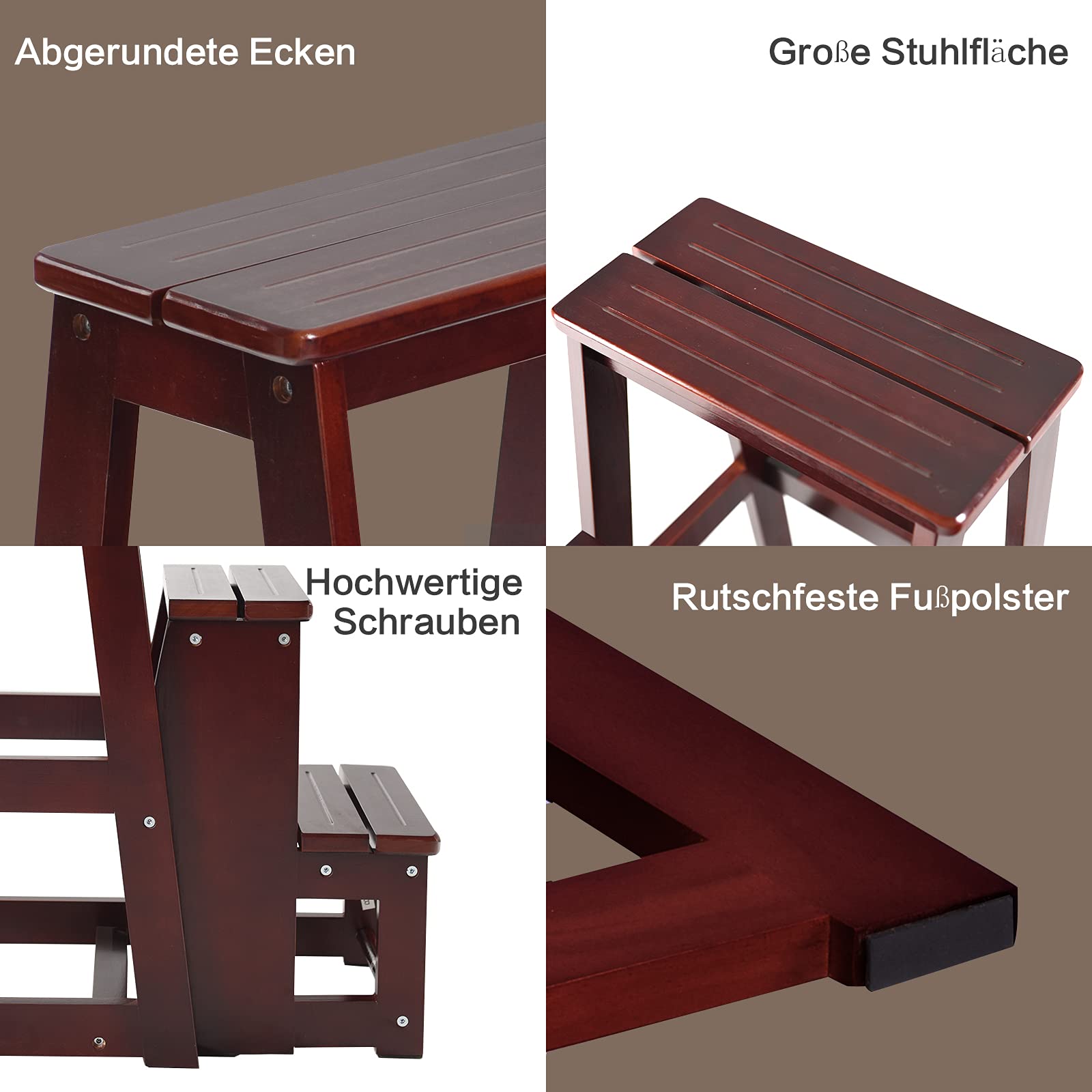 RELAX4LIFE Leiterstuhl 3 Stufen, Tritthocker Kiefernholz, Trittleiter zusammenklappbar, Trittstuhl, Haushaltsleiter, Hockerleiter, Klapphocker, 57 x 38 x 65 cm, Braun (Dunkelbraun)