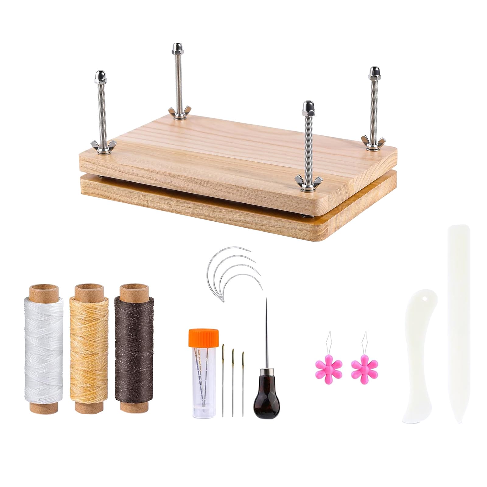 Professional Bookbinding Set Bookbinding Equipment, Wood Book Press Waxed Thread, Large Eye Needle and Folder Creaser Notebook Binding