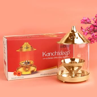 Satvik 8 Inch Kanchdeep Akhand Diya with Chimney Glass Diwali Pooja Decoration Decorative Brass Oil Lamp Whole Night Dia for Deepawali.Outdoor Mandir Housewarming Return Gift
