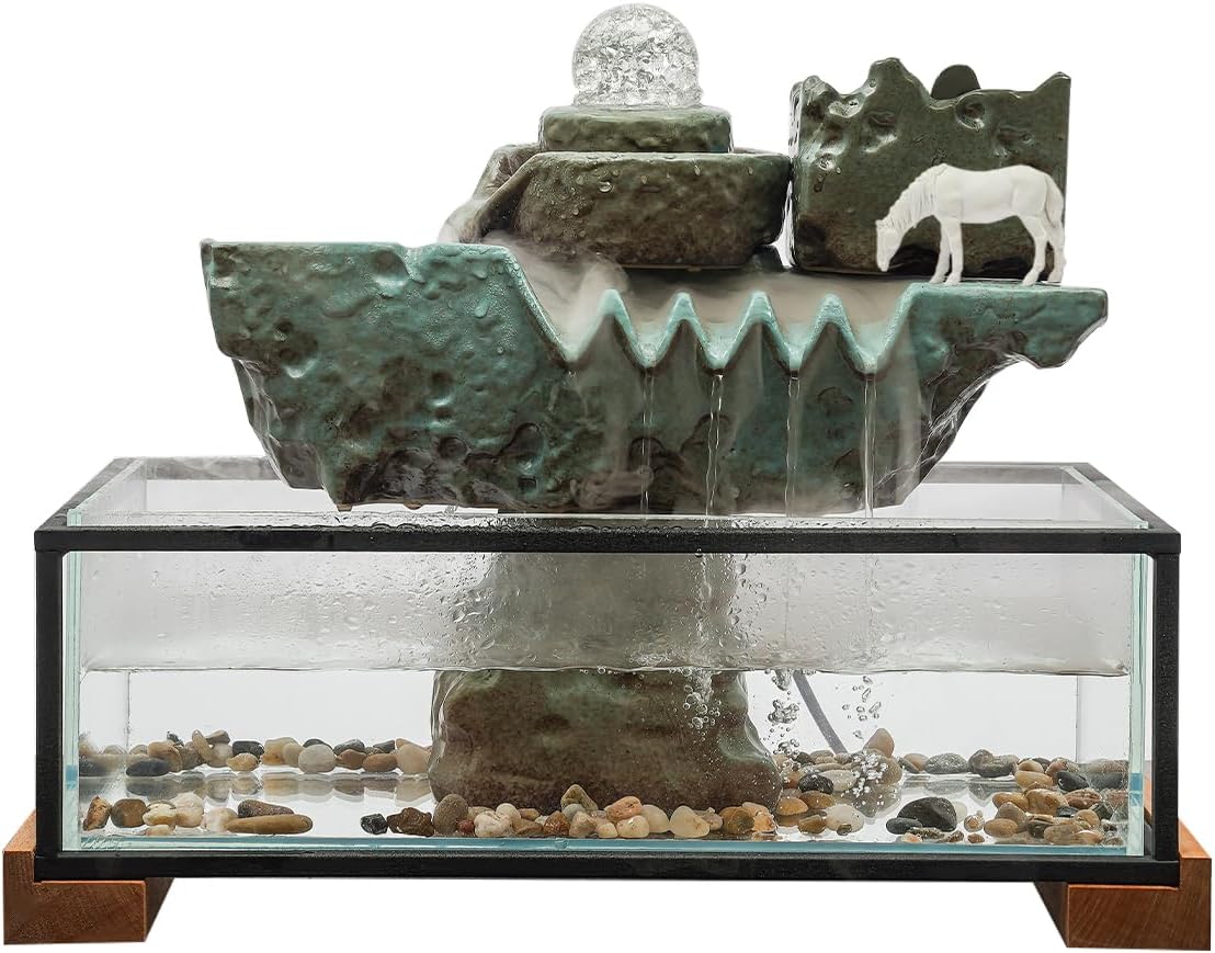 Tabletop Water Fountain with LED Light, 16*8*5in Fish Tank and Atomizer Indoor Water Fall Decor for Meditation Mist Fake Plants for Good Luck Wealth for Living Room, Corridor, Dining Room