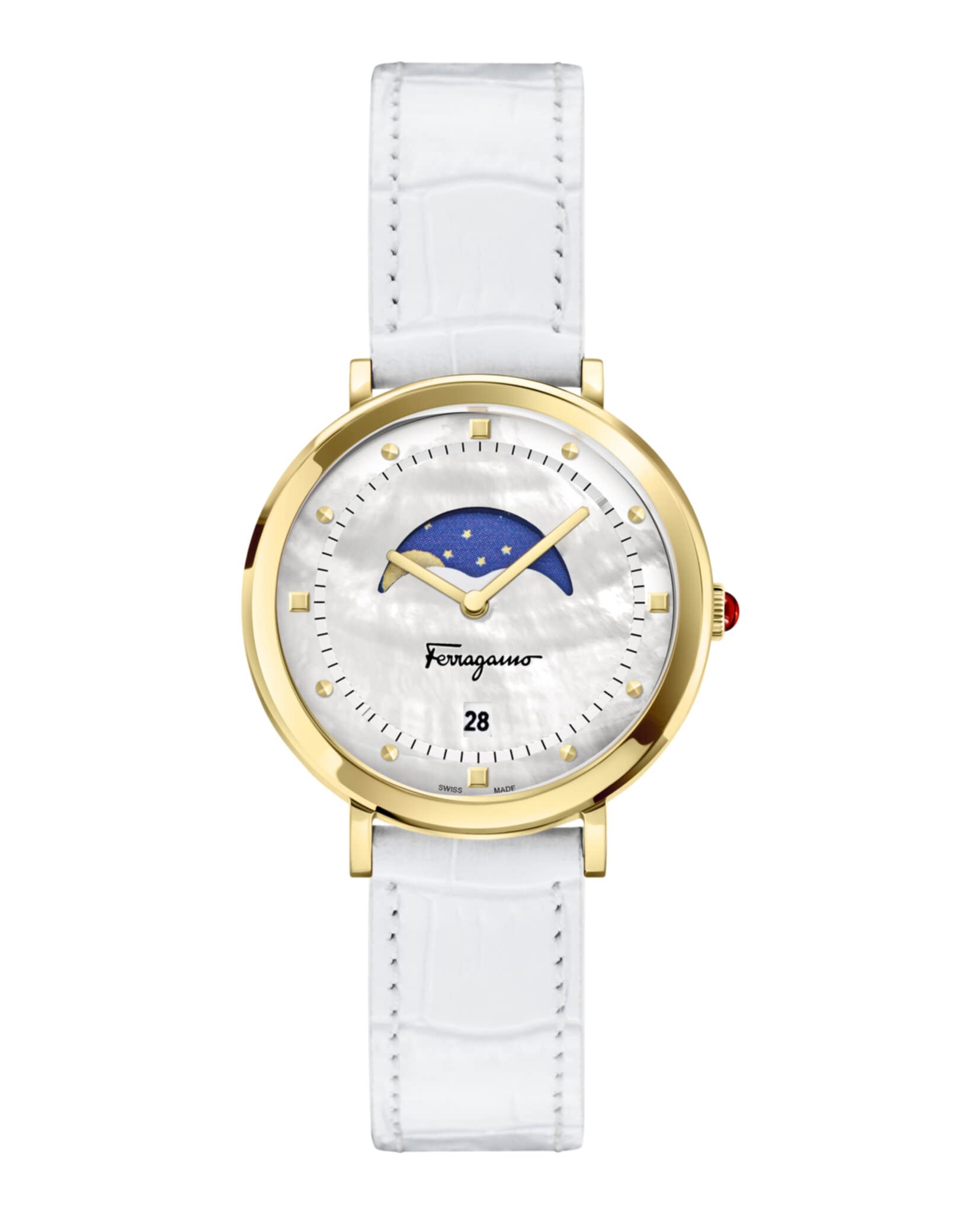 Ferragamo Logomania Moon Phase Collection Luxury Womens Watch Timepiece with a White Strap Featuring a Gold Case and White Dial