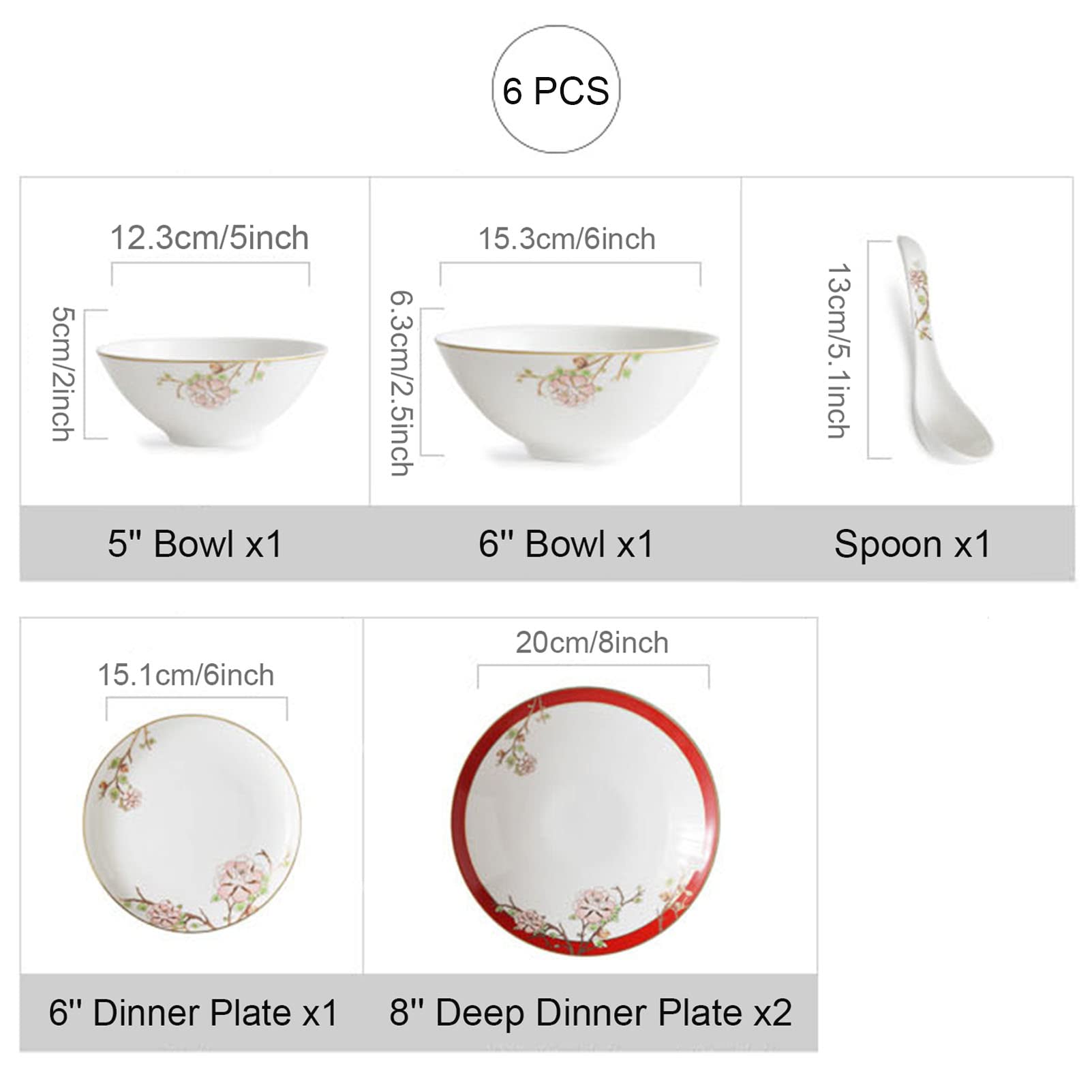 6-częściowy zestaw obiadowy Fine Bone China Zestawy obiadowe Porcelanowa zastawa stołowa, zestawy talerzy i misek, zestawy naczyń obiadowych po 6 szt.