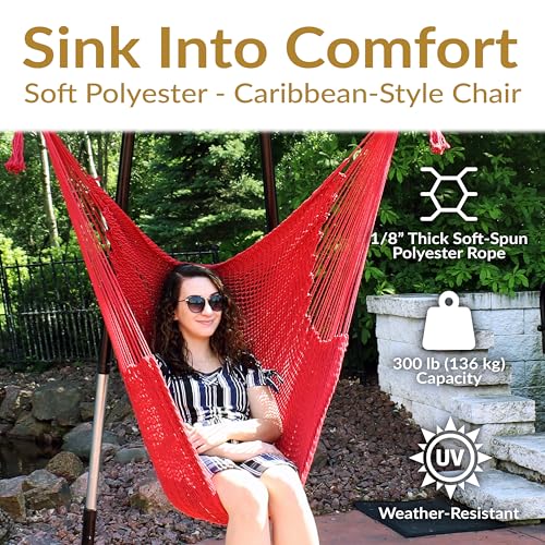 Sunnydaze Outdoor Hammock Chair Swing - Hanging Hammock Swing - Hanging Reading Chair - Soft-Spun Polyester Rope - Caribbean XL - Red - Thumbnail 2