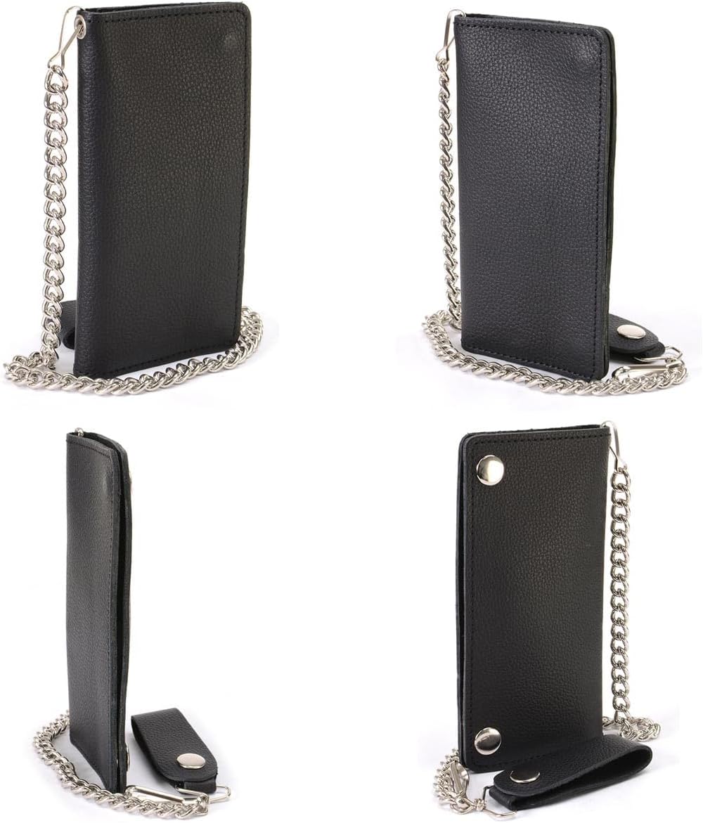 Milwaukee Leather MLW7889 Men's 7.5” Black Premium Leather Soft Biker Wallet - Bi-Fold Anti-Theft Stainless Steel Chain