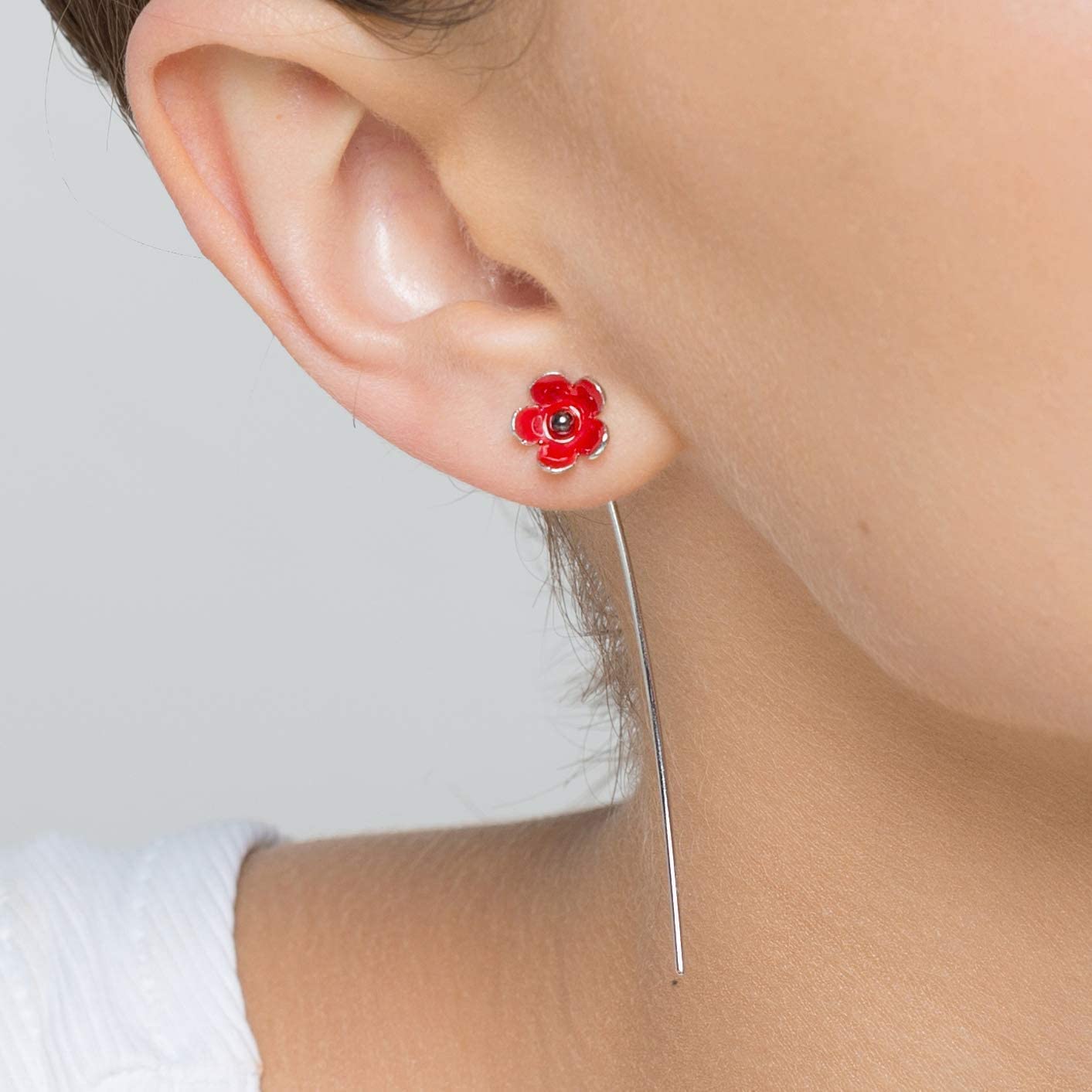 Lange Statement Ohrhänger Ohrringe aus 925 Sterlingsilber - Mohnblumen mit Roter Emaille - Nickelfrei & Hypoallergen - Handmade by Emmanuela