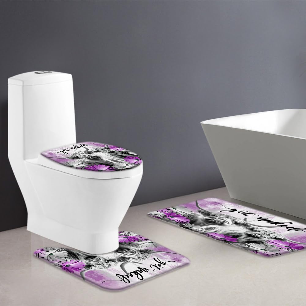 3 Piece Farmhouse Highland Cow Get Naked Bath Mat Sets Farm Animal Portrait of Highland Cow Longhorn Bull Rustic Flower Western Bathroom Doormat Rugs,Toilet Seat Cover,U-Shaped Floor Mat