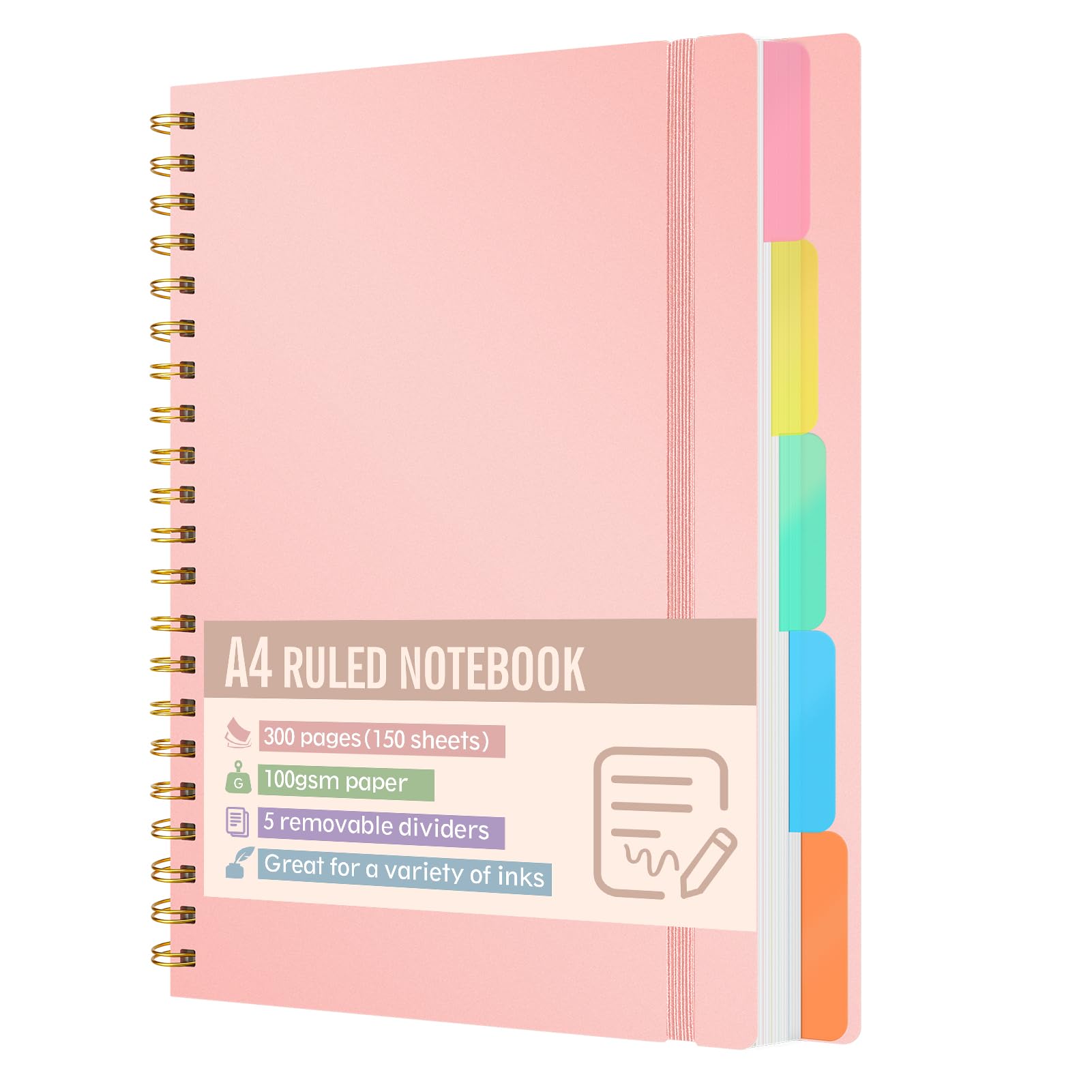 Xnegau A4 Lined Notebook with 5 Removable Dividers, 300 Pages 100gsm Thick Paper, Hard Cover Spiral Bound Notebook with Tabs for School, Office, University and Planning