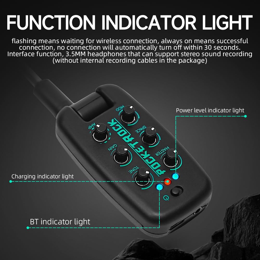 EROK Amplificatore per cuffie per chitarra con 9 toni di simulazione, effetti tascabili portatili ricaricabili tramite USB, con funzione wireless, supporto registrazione OTG