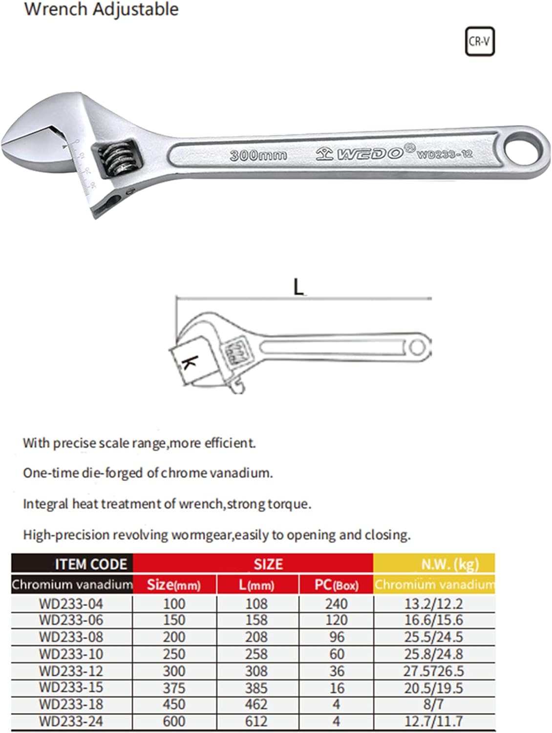 WEDO Adjustable Wrench 12", Plumbing Wrench Spanner, CR-V Steel, Die-forged, Strong Torque, Heat treatment, Surface Chrome Plating, Silver, 300mm
