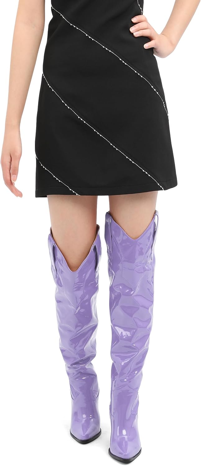 MOVINSTEPS Thigh High Boots for Women Over the Knee Boots Patent Chunky High Heel Pointed Toe Pull on Long Boots Elegant Classic Fashion Tall Boots 3.5 Inch