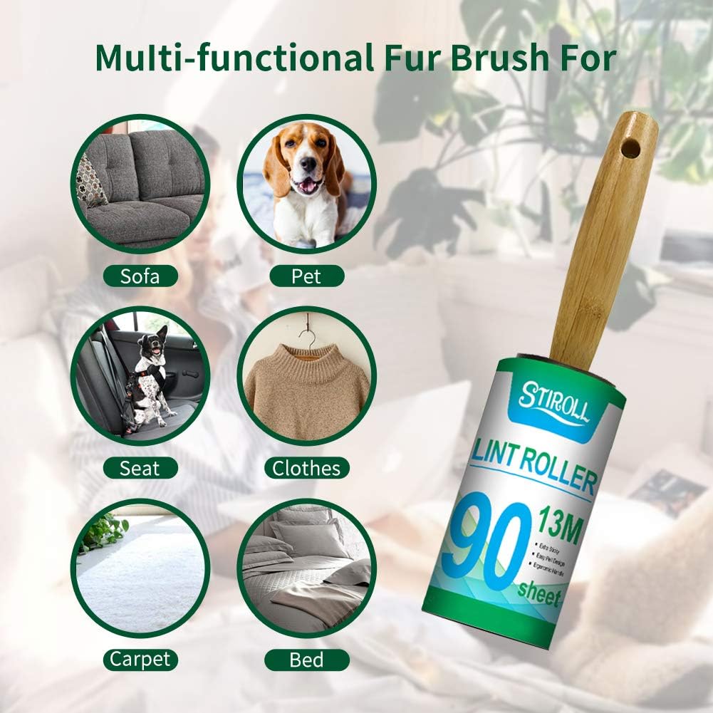 Lint Rollers for Pet Hair Extra Sticky, [6 Refills/540 Sheets] Lint Roller with 2 Bamboo Handles, Portable Lint Remover Brush Pet Hair Remover for Dog & Cat Hair Removal, Clothes, Furniture