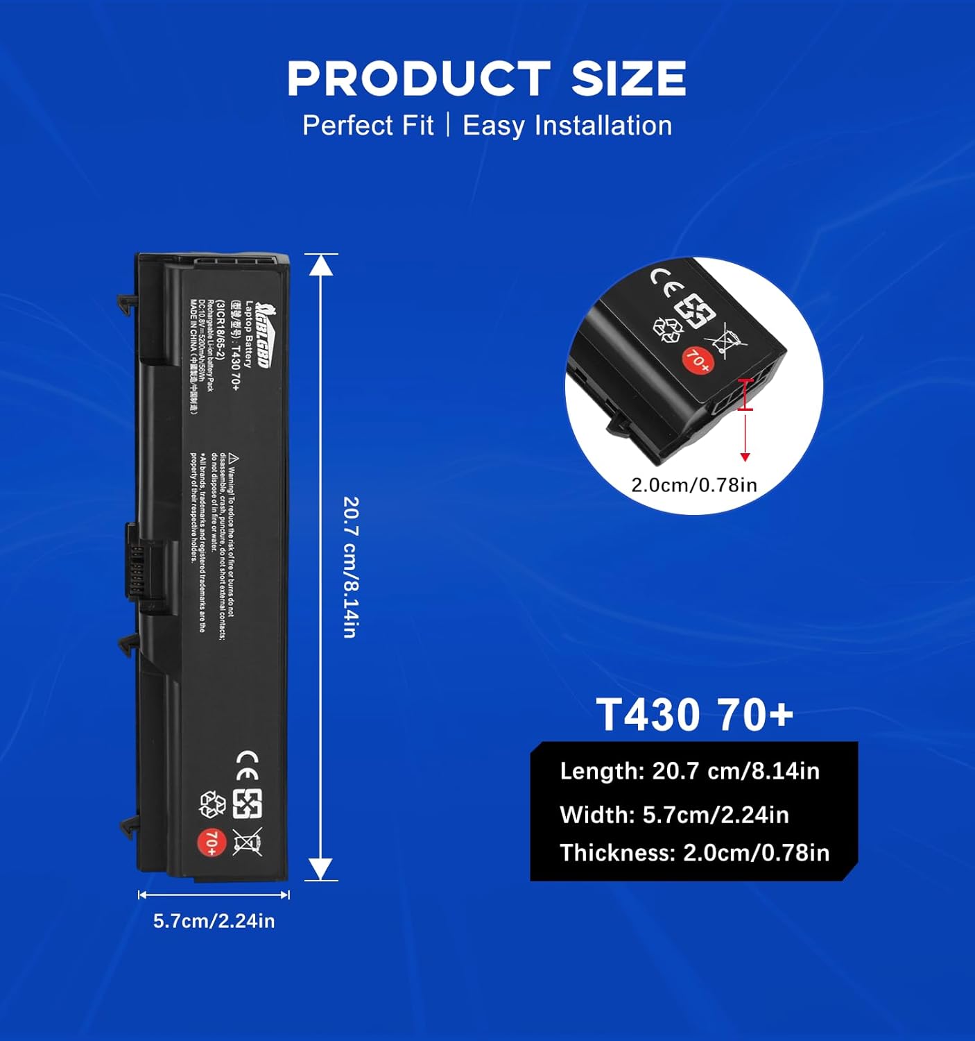 T430 70+ Replacement Battery for Lenovo ThinkPad T430 L530 W520 SL410 2842 SL510K Edge 14" 05787UJ, Compatible with Part Numbers 42T4737 51J0499 FRU 42T4702, 6-Cell 5200mAh Rechargeable Li-ion
