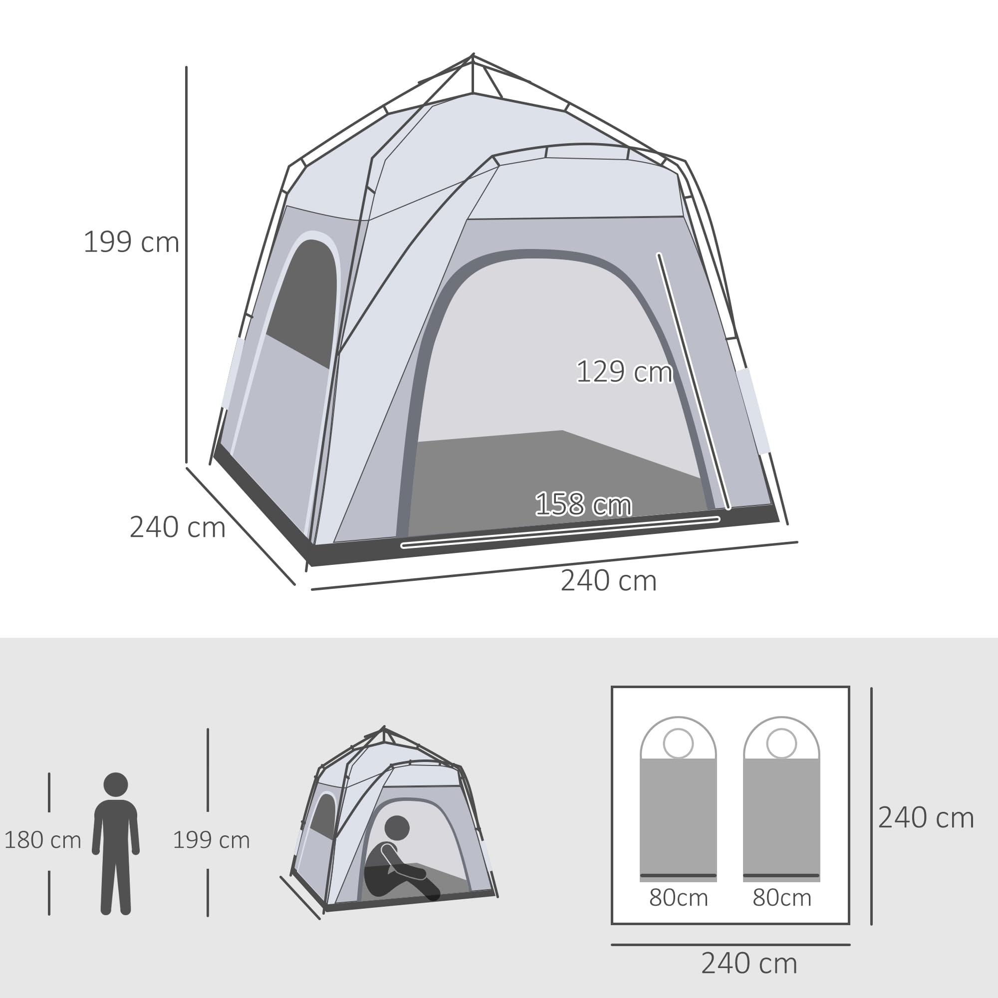 Outsunny Tienda de Campaña Instantánea para 4 Personas 240x240x199 cm Gris y Blanco