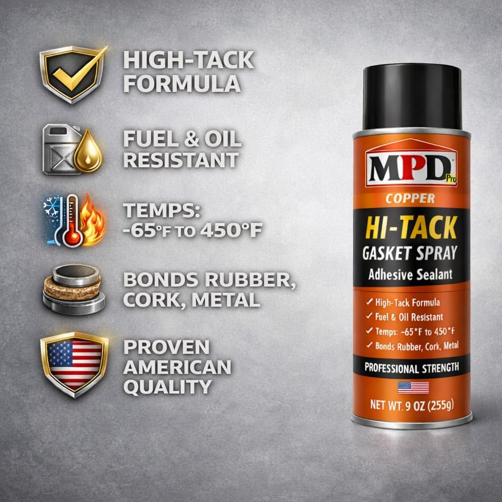 MPD Pro Hi-Tack Gasket Spray Adhesive Sealant – High-Tack Aerosol Gasket Bonding Spray, Fuel & Oil Resistant, −65°F to 450°F, Professional Assembly Aid, (2-Pack)