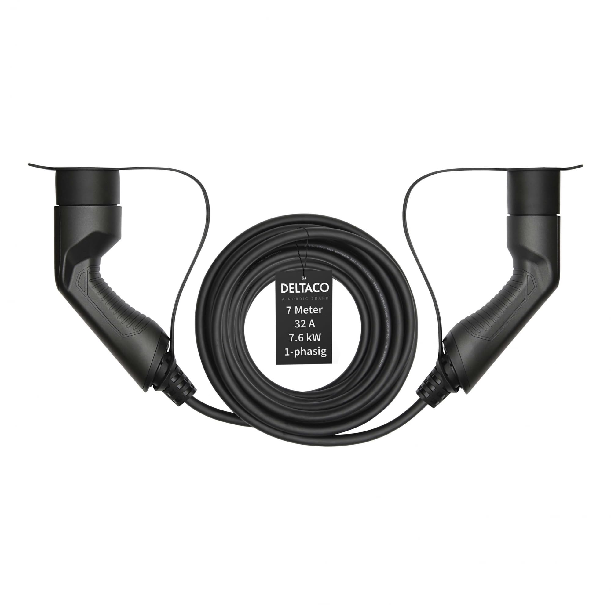 DELTACO Type 2 EV Charging Cable for E-Cars and Hybrid Vehicles, Electric Car Charger Mennekes Cable, Compatible with ID.3, ID.4, Zoe, E-Tron, Model S/3/X/Y, Leaf, 1-Phase, 32A, 7.6 kW, 7 Metres
