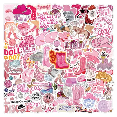 Lot de 100 autocollants disco cowgirl - Rose - Pour skateboard, graffiti, moto, vélo, snowboard, bagages, ordinateur portable, voiture - Pour enfants et adolescents - En vinyle imperméable