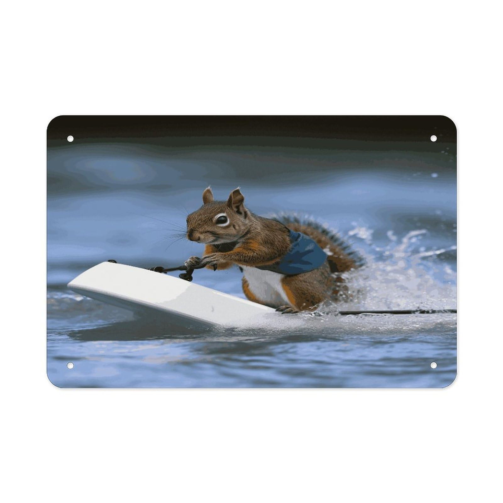 LDGSUPH Water Skiing Squirrel Metal Tin Sign Wall Art Prints Folded Edge Iron Sheet Painting with Holes for Wall Prints Decorative Picture Metal Signboard Decor Painting Wall Decor