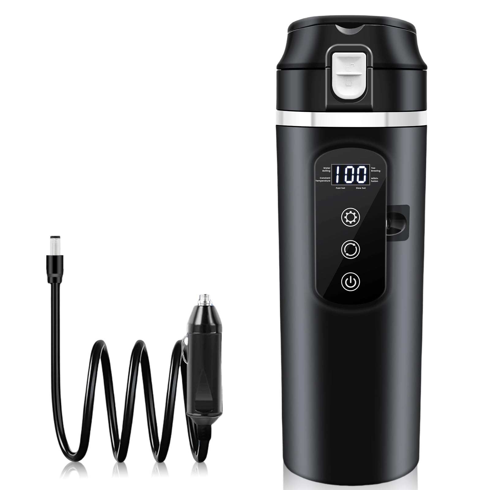 PORFOYO Hervidor de agua para coche, 12 V, minihervidor de café, 500 ml, negro, hasta 100 ℃, control de temperatura variable para camiones, viajes, camping