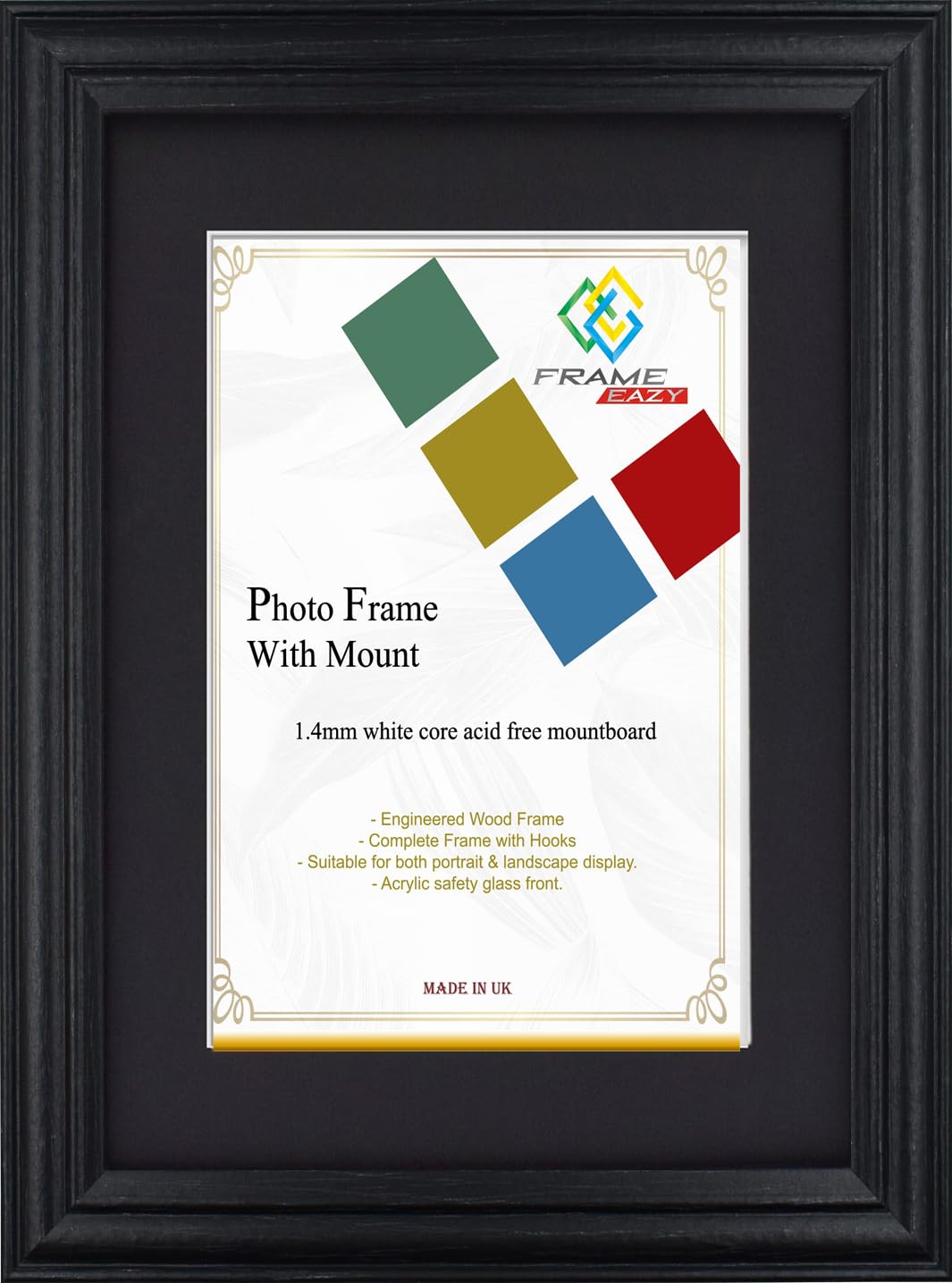 FRAME EAZY Black A5 Photo Frame with A6 Black Mount - Antique Style Picture Frame With Safe Perspex Front - Frame A5 (14.8 x 21cm) For Picture Size A6 (10.5 x 14.8 cm)
