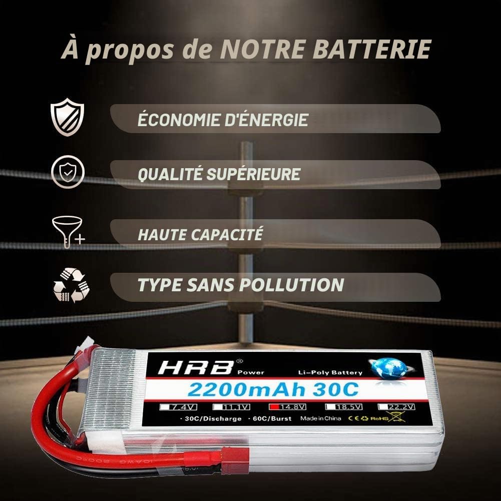 HRB 4S Lipo Batterie 2200mAh 14.8V 30C avec Connecteur Dean T, Batterie au Lithium Polymère de Classe A pour RC Camion RC Truggy FPV Racing Drones Quadcopters Avion RC Bateau(2 Paquets)