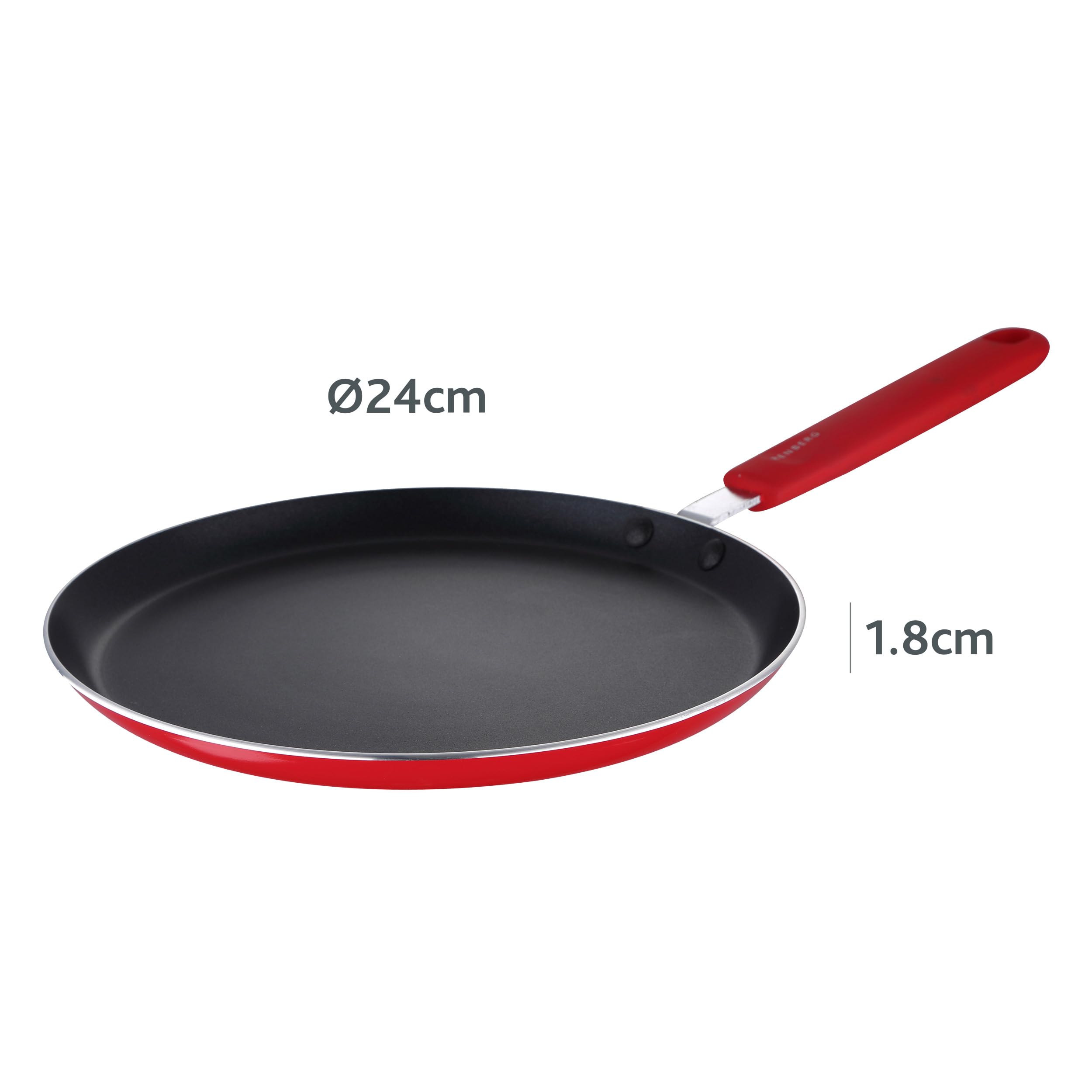 RENBERG Jazzy Red patelnia z powłoką zapobiegającą przywieraniu w kolorze czerwonym, średnica 24 cm i wysokość 1,8 cm, z tłoczonego aluminium, uchwyt Soft Touch, nadaje się do płyt indukcyjnych