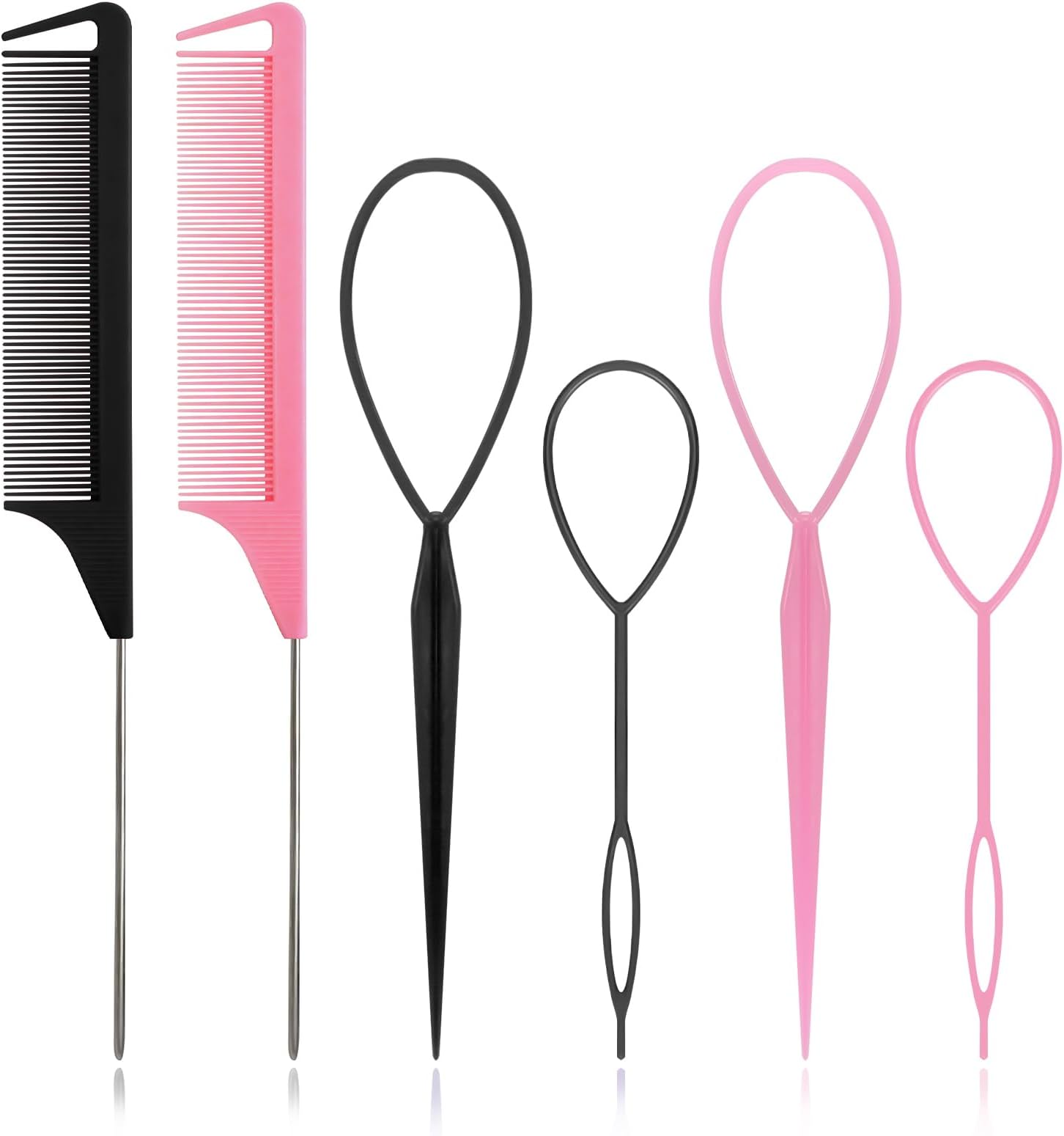 6Pcs Rat Tail Combs Topsy Hair Tail Tool Set： 4Pcs French Braiding Tool Ring，2Pcs Rat Tail Comb Metal Pin Tail Braiding Parting Comb for Women Hair Styling（Black,Pink）