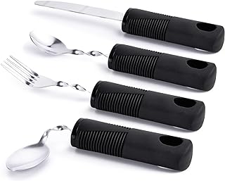 Weighted Utensils for Hand Tremors, Weighted Silverware for Parkinsons Patients Arthritic Hands, Built Up Utensils for Adults, Adaptive Eating Utensils (Black-Bendable Utensils)