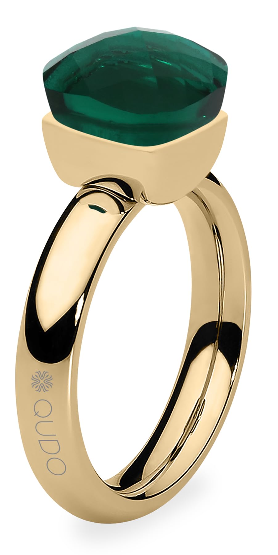 Qudo Firenze Edelstahl gold farbenem Ring mit grünem Stein (emerald)