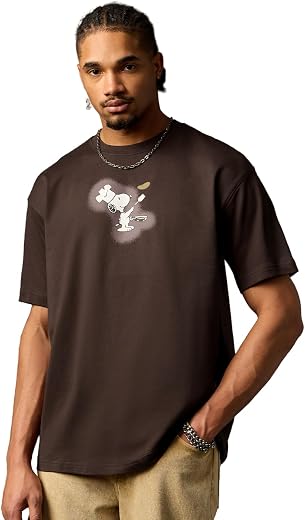 The Souled Store Peanuts: Pancakes Men and Boys Short Sleeves Round Neck Dark Brown Graphic Printed Cartoon Lightweight Dr...