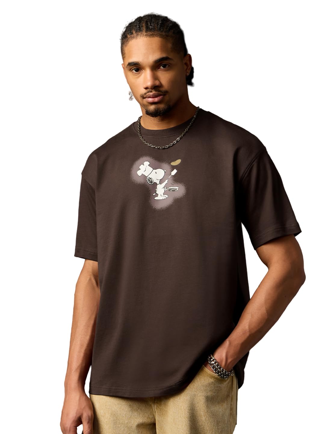 The Souled Store Peanuts: Pancakes Men and Boys Short Sleeves Round Neck Dark Brown Graphic Printed Cartoon Lightweight Dr...