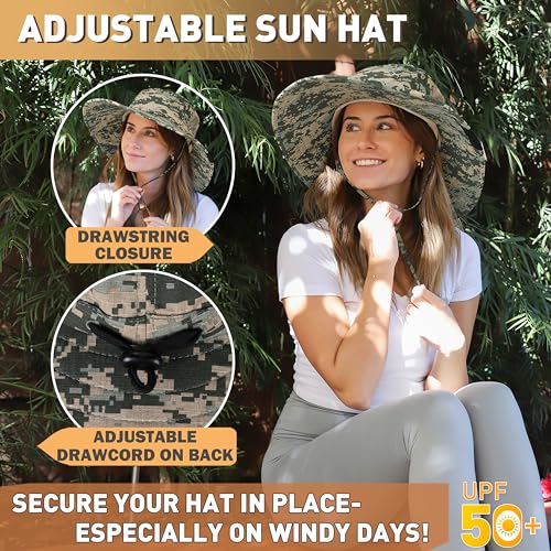 Image of Men Safari Sun Hat Wide Brim Boonie Fishing Cap with Adjustable Drawstring