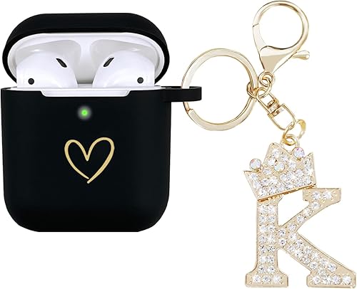 Funda compatible con AirPods, funda de silicona suave con patrón de corazón dorado para AirPods de 2 y 1 generación con llavero de letra A-Z