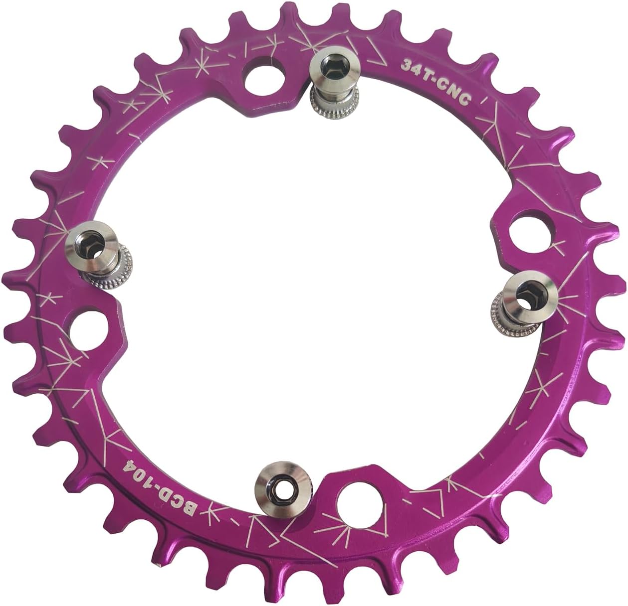 CDHPOWER 104 BCD 34T 170MM Mountain Bike Crankset, Hollow Integrated MTB Crank Set, Aluminum Alloy Crankset Round Chainring with Bottom Bracket Bolts (Purple)