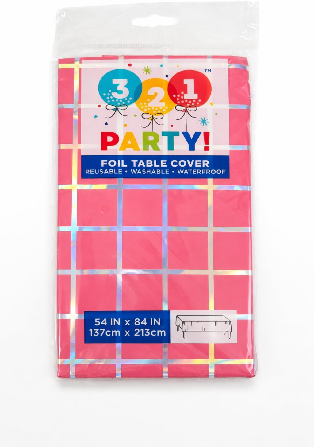 321Party! Pink Checkered Iridescent Foil Table Cover, Reusable, Washable, Waterproof, 54 x 84 Inches