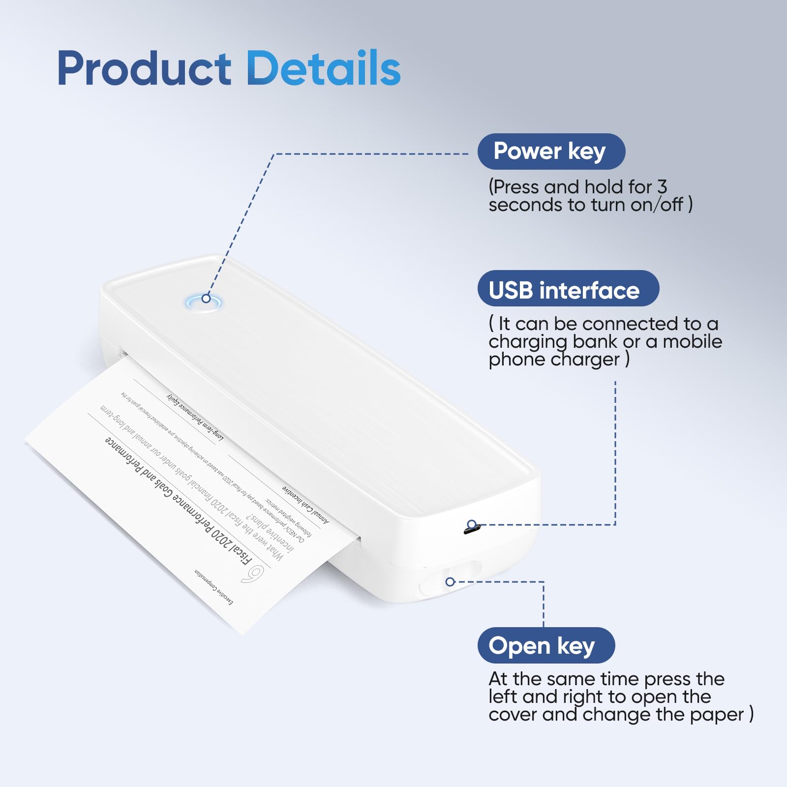 Imprimante Thermique sans Encre A4 Portable sans Bluetooth pour Voyage Maison Compatible Android iOS Blanc