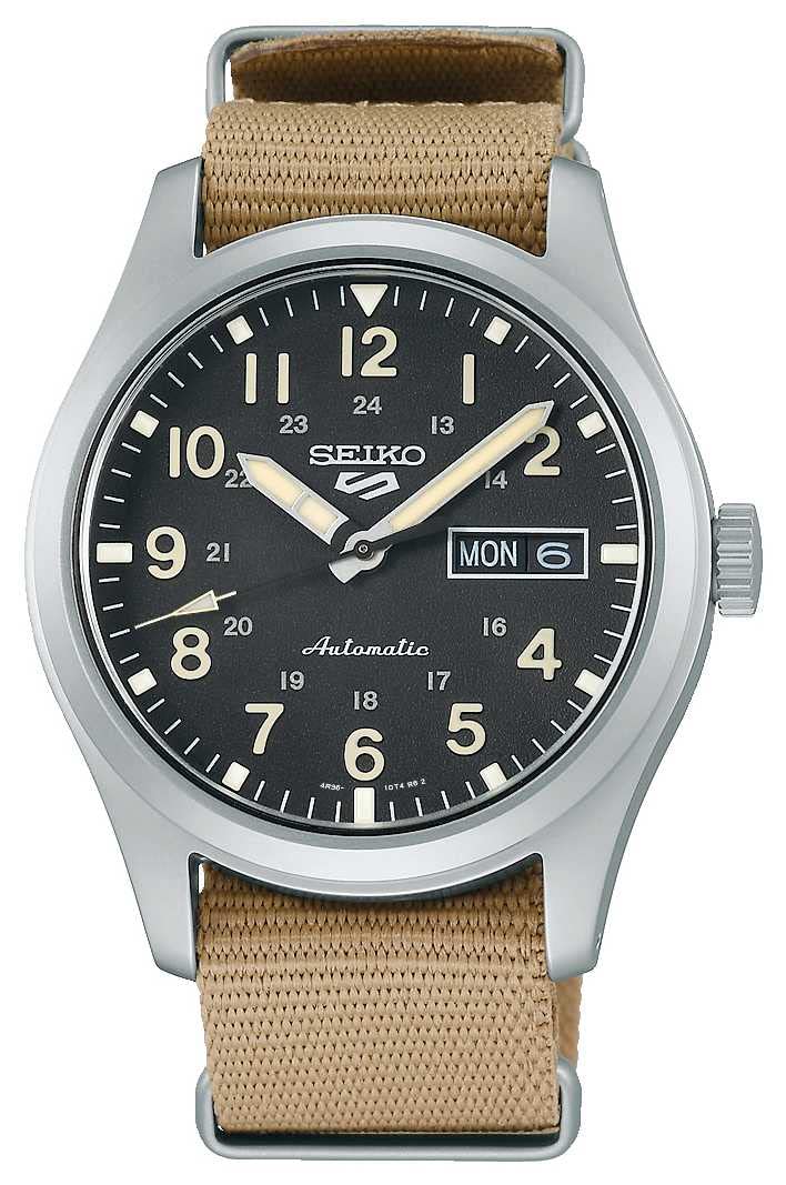 Seiko Męski analogowy zegarek automatyczny z nylonowym paskiem SRPG35K1, brązowy, modny