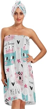 Women Spa/Bath Wrap with Colorful Cat Pattern - Soft and Light Adjustable Closure - Quick Dry Bathrobe,Dry Hair Cap & Headband