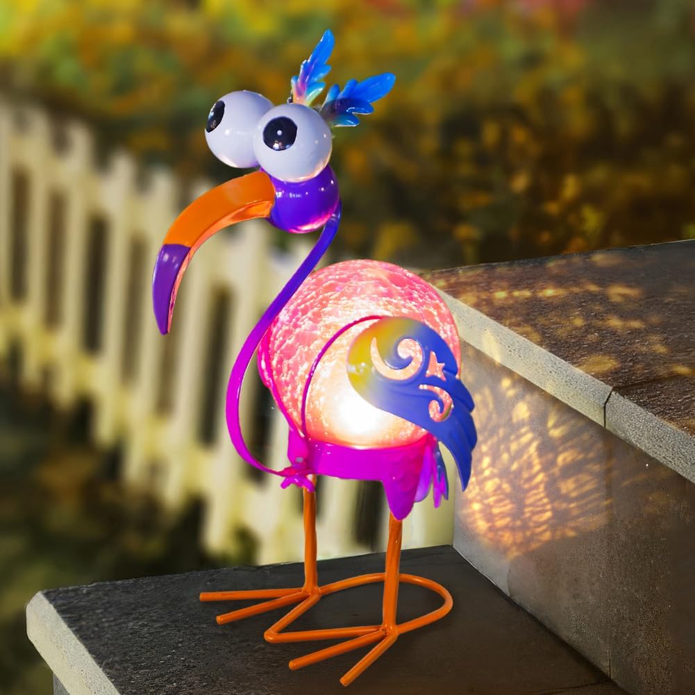 Funny Birds Solar Lanterns Outdoor Waterproof LED Solar Lights Crackle Glass Decorative Crane Tabletop Lantern Garden Yard Art Patio Porch Decor Gift for Women Moms (Purple)