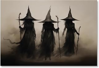 Gothic Witchy Halloween Wall Art Canvas Print Vintage Three Witches Halloween Wall Decor Painting Spooky Witch Art Poster Moody Dark Academia Picture Creepy Haunting Decorations 8x12inch Unframed