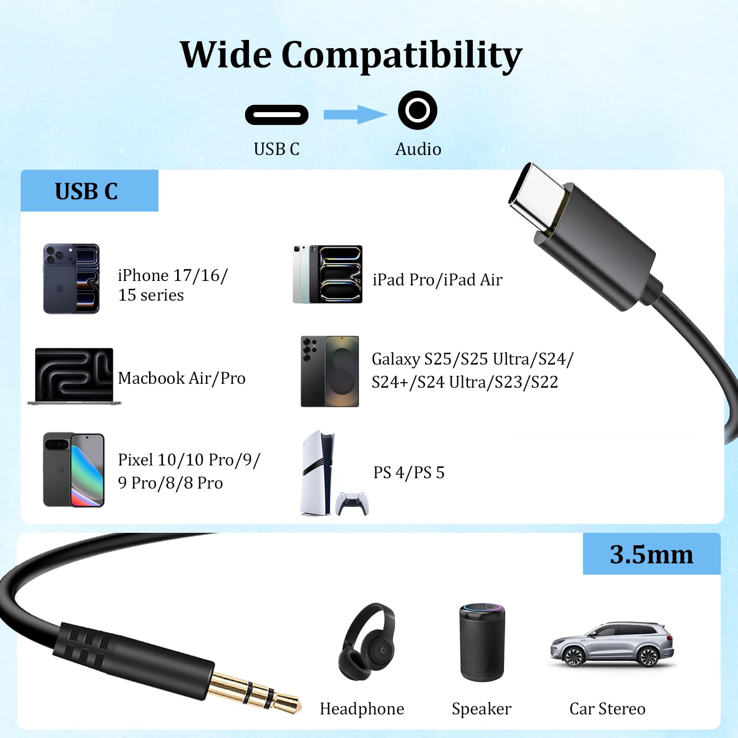 Cable auxiliar a USB C, USB C a conector de audio de 3,5 mm, USB tipo C a 3,5 mm, cable auxiliar macho compatible con iPhone 17, 16, 15 Pro Max, Samsung Galaxy S25, S24, iPad Pro, Pixel 9/8